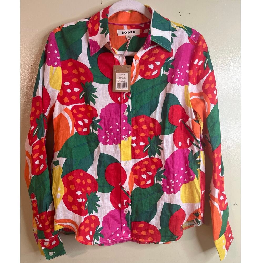 Boden Linen Strawberry Raspberry Fruit Print Button Down Shirt Size 4 NWT - Picture 2 of 13